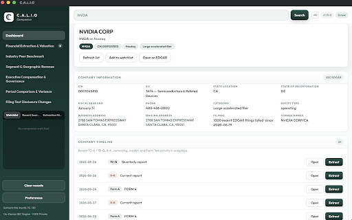 SEC EDGAR Filings Extract & Excel — CALIO :: Extract 10-K, 10-Q, 8-K, Form 4 & more from SEC EDGAR. Compare periods, export Excel/PDF, watchlist. Private, on-device.