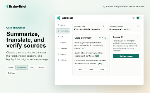 BrainyBrief: Web, PDF & Video Summarizer :: Summarize webpages, PDFs, YouTube videos and transcripts. Translate, ask questions, analyze sources, save notes and view citations.
