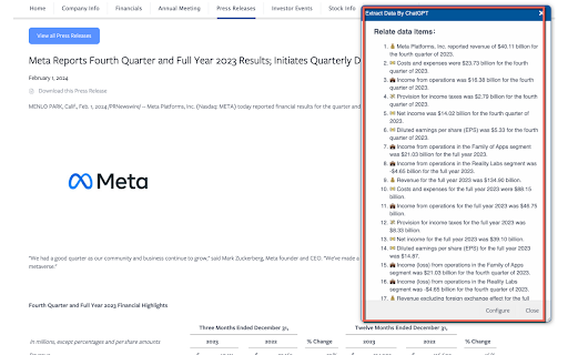 Extract Data By ChatGPT :: Using ChatGPT LLM AI to extract data information such as numbers, dates, ratios, etc. from web pages.