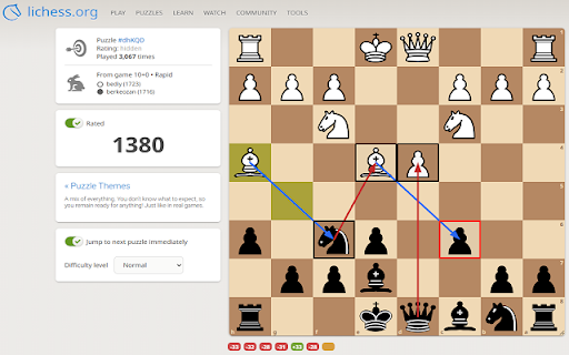 Knight Vision for Chess.com and Lichess :: chess.com and Lichess overlay for checks/captures with per-side toggles. Includes a hidable UI panel (Show/Hide UI).