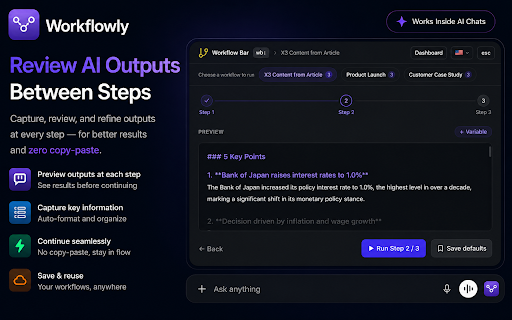Workflowly - AI Workflow & Prompt Launcher :: Run AI workflows and launch prompts inside ChatGPT, Claude & Gemini. No tab switching. No copy-paste.