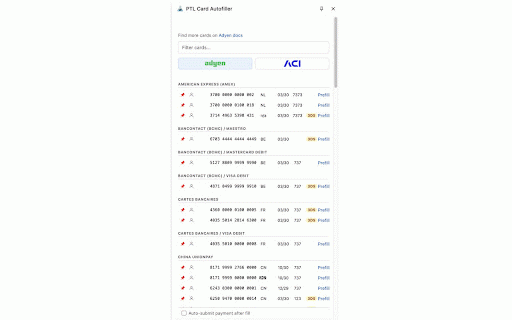 PTL Card Autofiller :: Sidebar test-card autofill for Adyen, ACI, Stripe, and other payment gateways.