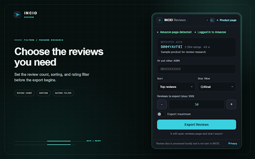 INCIO Reviews - Amazon Reviews Exporter :: Export up to 100 Amazon product reviews to CSV or JSON for product research, competitor analysis, and AI workflows.