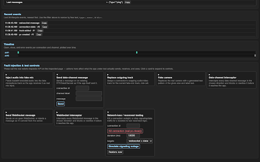WebRTC Inspector :: Live inspection and injection for WebRTC peer connections, tracks, and data channels — DevTools panel UI.