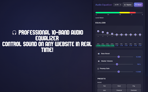 Audio Equalizer Pro – ServerCon :: Professional 10-band audio equalizer with bass boost, presets, and volume control for any website