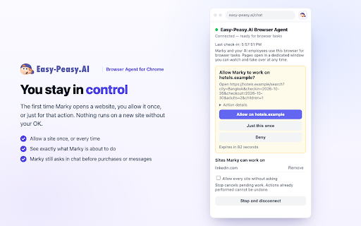 Easy-Peasy.AI Browser Agent :: Let Marky and your AI employees work in your own browser — pages open in a new tab you can watch and take over at any time.