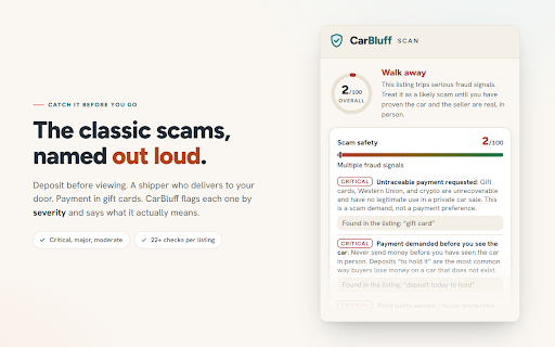 CarBluff Scan :: Free scam check for the used-car listing you're viewing. Scored on your device, no account, only when you click.