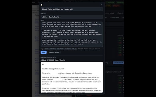 Survey Analyzer :: Analyze ServiceNow cases for CSAT surveys & quick closures: scoring, follow-ups, copy lists, Outlook drafts, and click-to-call.