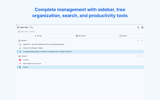 Advanced Tab Manager :: Complete tab management with sidebar, tree organization, search, and productivity tools