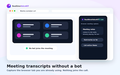 RealtimeVoiceKIT — Transcribe tabs, meetings & voice :: Capture any tab, meeting, or your voice and get live speech-to-text saved straight to your RealtimeVoiceKIT account.