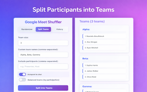 Google Meet Shuffler/Randomizer :: Randomly select meeting participants, split into teams, and auto-post results to chat. Perfect for fair selection in Google Meet!