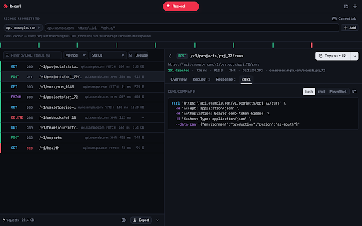 Recurl — Request Recorder & Copy as cURL :: Record API traffic across tabs, inspect request details, copy cURL commands, and export sessions for Postman.