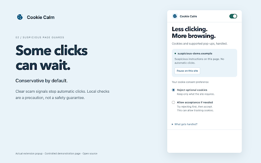 Cookie Calm :: Reject optional cookies and automatically dismiss supported promotional popups. Local rules, protected forms, and per-site pause.