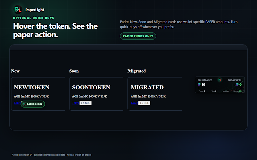 PaperLight :: Practice Solana, Robinhood Chain, BNB and Base spot trades with local paper wallets, chart fills, P&L tracking, and no real orders.