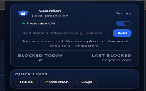 Guardian :: Local and network-level content blocking for Chrome use domain, URL patterns, keyword rules and DNS protection, secured by password.