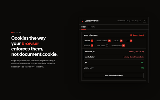 Guard: Website Security & Accessibility Checker :: Scan any page for cookie, header, mixed-content, SEO and WCAG accessibility issues, right from your own browser tab.