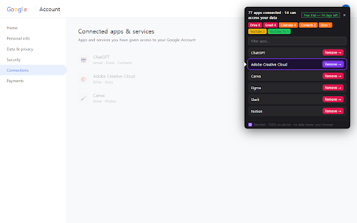 Revokeit :: See every app connected to your Google account, ranked by how risky its access is — and revoke the risky ones. 100% on-device.