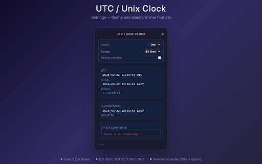 UTC/Unix Clock :: Shows current UTC time and Unix epoch with a configurable second timezone.