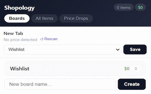 Shopology :: Save products to boards while you shop. Track prices, set budgets, spot drops.