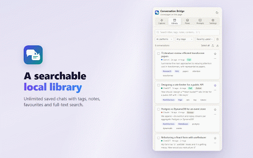 AI Conversation Bridge :: Save, search, export and organise your AI chat conversations locally, and hand a chat off from one assistant to another.