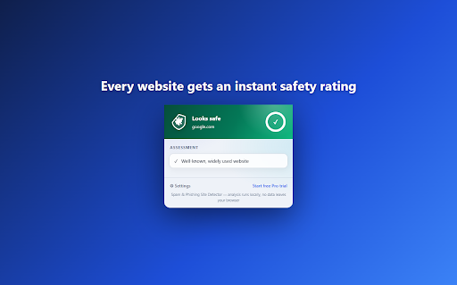 Spam & Phishing Site Detector :: Detects phishing, scam & spam websites instantly - the toolbar shield turns green, amber or red. 100% local, no data collected.
