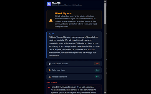 PlainTOS – AI Contract & TOS Analyzer :: Spot red flags in any contract or TOS instantly. AI analysis with exact quotes. Free, no account required.