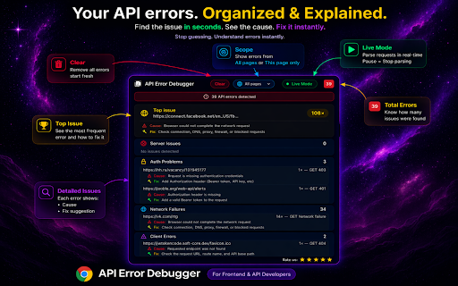 API Error Debugger :: Fix API errors fast. See why requests fail and solve 401, 403 issues instantly.