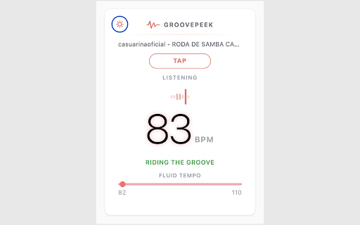 GroovePeek :: Detect the BPM of songs playing on YouTube, YouTube Music, and Spotify — live, in your browser.