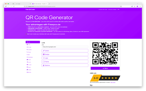 QR Code Generator Free :: Generates a QR code for the current URL. Once the QR code is created, you can customize it to your liking.