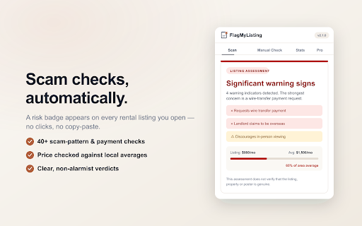 FlagMyListing - Rental Scam Detector :: Detect rental scams on Craigslist, Zillow, Rightmove & 20+ sites. Free tier included. Optional Pro upgrade available.