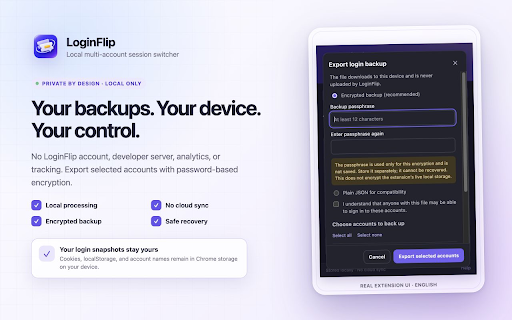 LoginFlip — Local Multi-Account Session Switcher :: Switch website accounts in seconds. Sessions stay on your device, with encrypted backups and no tracking.