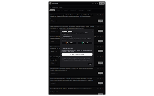 PromptBox :: A side-panel prompt manager: organize prompts with tags, fill {{variables}} with history, and inject them into popular AI sites.