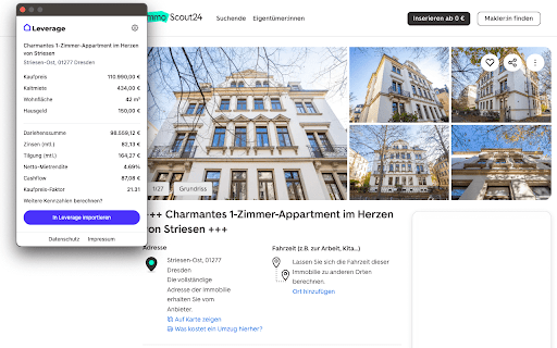 Levi: Immobilien Cashflow & Mietrendite berechnen :: Lade Objektdaten aus ImmoScout24, ImmoWelt und anderen Immobilienportalen und erstelle eine vollständige Kalkulation in Leverage