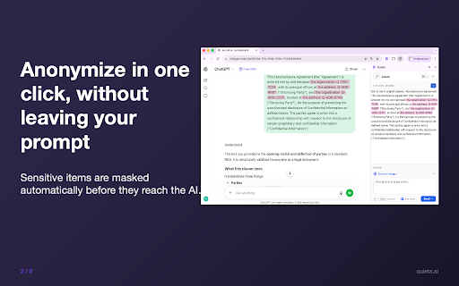Quieta — Local anonymization for chatbots :: Anonymize your personal data before sending it to a chatbot. 100% local, via Quieta Desktop. No data ever leaves your machine.