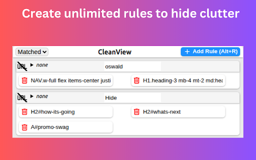 CleanView - Hide what you don't need :: Hide unwanted webpage elements with a click. Create unlimited rules to remove ads, pop-ups & distractions permanently.