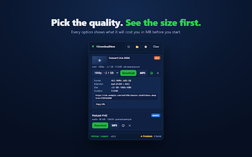 YDownloadNow – Video Downloader & MP3 :: Save the video a page is playing as MP4 or MP3, even streamed video. See each quality's size first. No re-encoding.