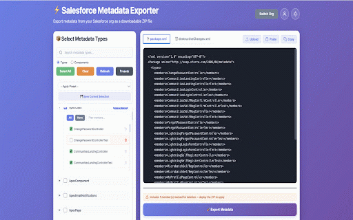 Salesforce Metadata Exporter :: Export Salesforce metadata (not data) as a ZIP file using the Metadata API. Requires active Salesforce session.