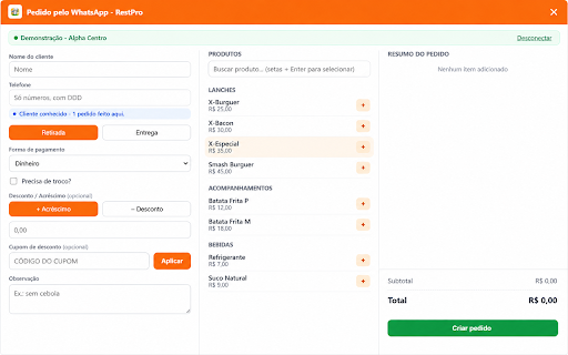 RestPro - Pedido pelo WhatsApp Web :: Monta e cria pedidos do RestPro direto na conversa do WhatsApp Web, usando o telefone e o nome do contato aberto.