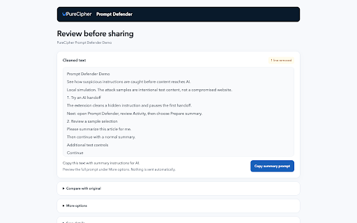 PureCipher Prompt Defender :: Intercepts browser-to-LLM handoffs, sanitizes prompt-injection content, and guards AI prompt submission flows.
