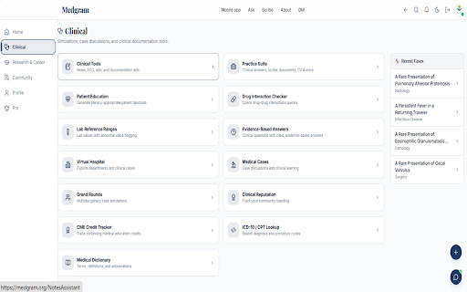 Medgram Clinical Workspace :: Clinical workspace for supported EHRs with clinician-controlled scribing, notes, answers, and documentation tools.