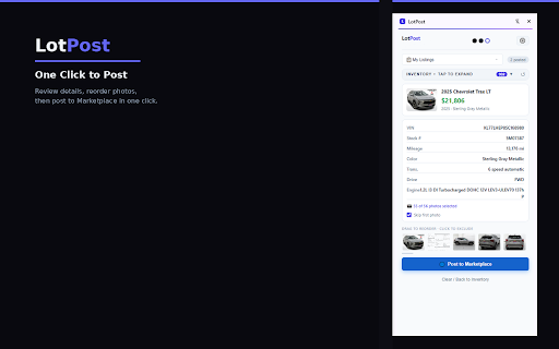 LotPost :: Post dealer inventory to Facebook Marketplace automatically. Look up by VIN or Stock #, bulk post, and track listings.