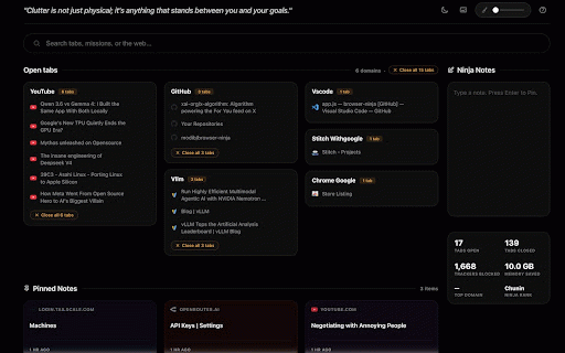 Browser Ninja :: Browser Ninja: Your ultimate productivity dashboard. Manage open tabs and take quick notes on a beautiful, gamified new tab page.