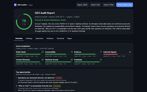 GEO Auditor — AI Search Readiness :: Rule-based audit of how well a site is structured for AI search to understand and cite. Runs locally: no AI, no backend.