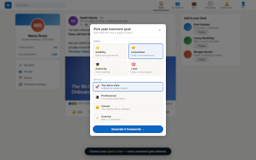 LinkedIn AI Comments :: Genera commenti engaging per LinkedIn con Claude AI