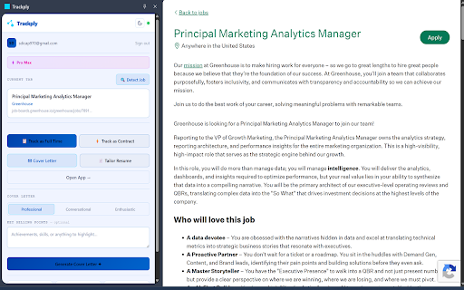 Trackply :: Track jobs, generate AI cover letters, and manage applications from any job listing page.