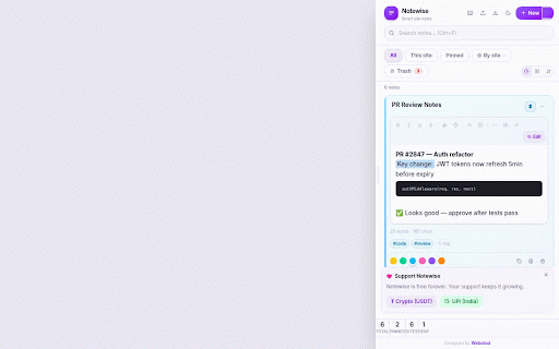 Notewise – Smart Site Notes :: Instantly jot notes tied to any website. Pin, tag, search, color-code and export notes – all stored locally. No account needed.