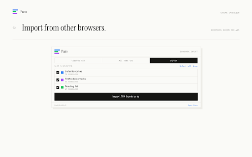 Pano: Your internet library :: Save links from any tab into one library. Organize them into searchable shelves. Keep them private or share them.