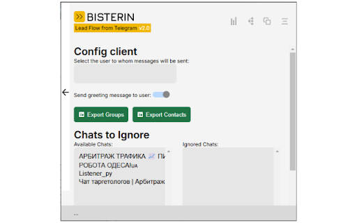 Bisterin - lead flow from Telegram :: Telegram bot that monitors group, sends keyword alerts, tracks lead stats, multiple accounts, group broadcasts