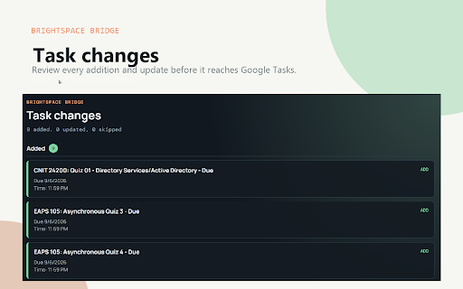 Brightspace Calendar to Google Tasks :: Sync Brightspace calendar events to a Google Tasks list.