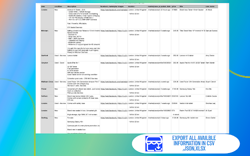 FB Marketplace Scraper , Extract facebook Marketplace listings :: Scrape and export product data from Facebook Marketplace. Easily collect item informations to use for market analysis and reselling.